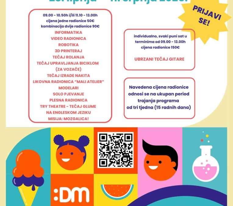 Poziv na sudjelovanje u kreativnim radionicama u Domu mladih za vrijeme ljetnih školskih praznika